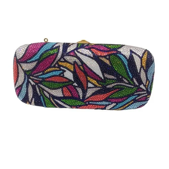 JUDITH LEIBER MULTICOLORED CRYSTAL EMBELLISHED LEAF DESIGN EVENING CLUTCH BAG - Picture 3 of 8